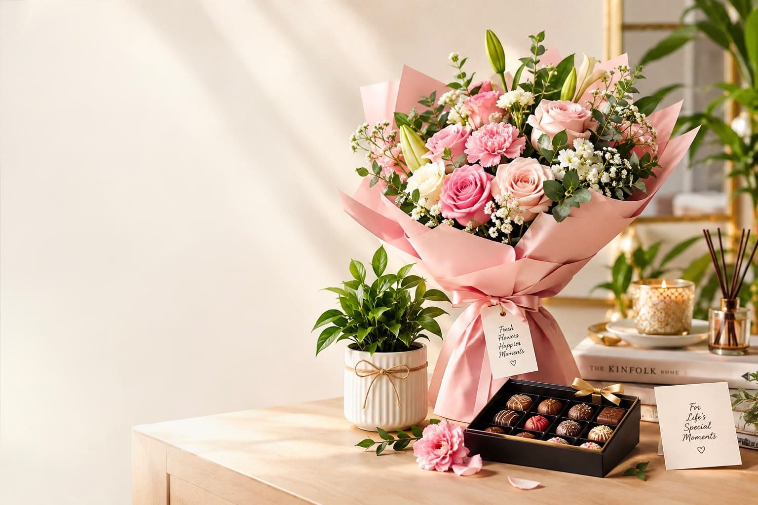 Pink rose bouquet, potted plant and a box of chocolates on a dresser