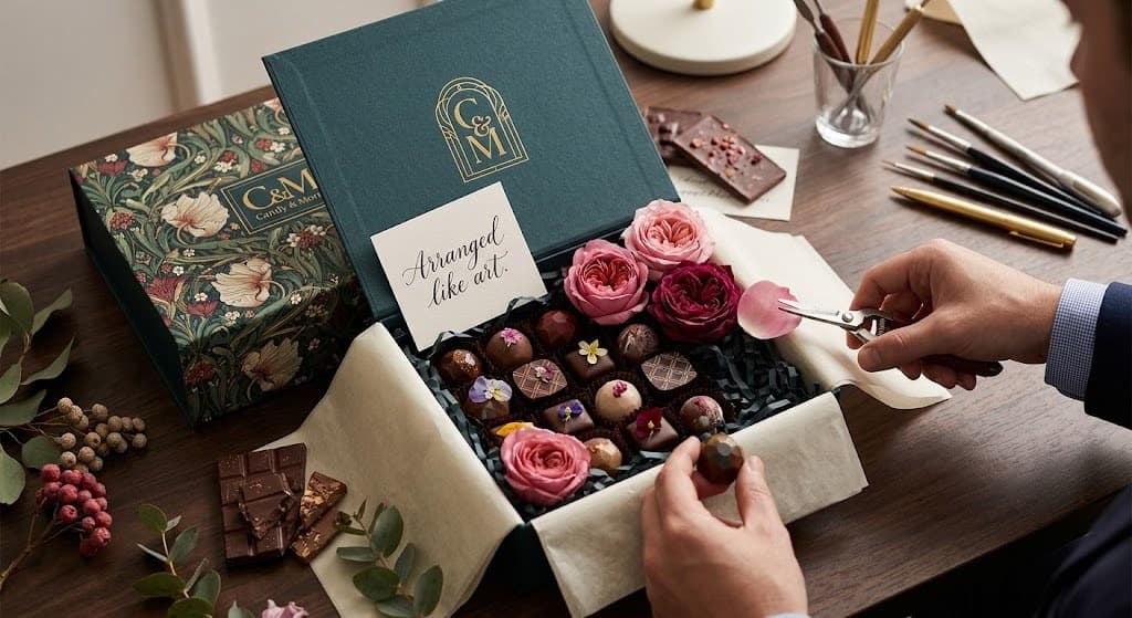 A Candy & More gift box of truffles, garden roses and chocolate bars being arranged