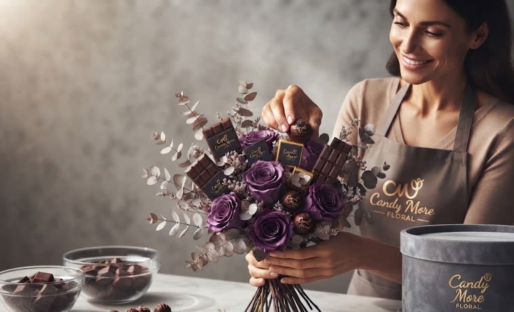 Candy More Floral florist arranging a chocolate and rose bouquet